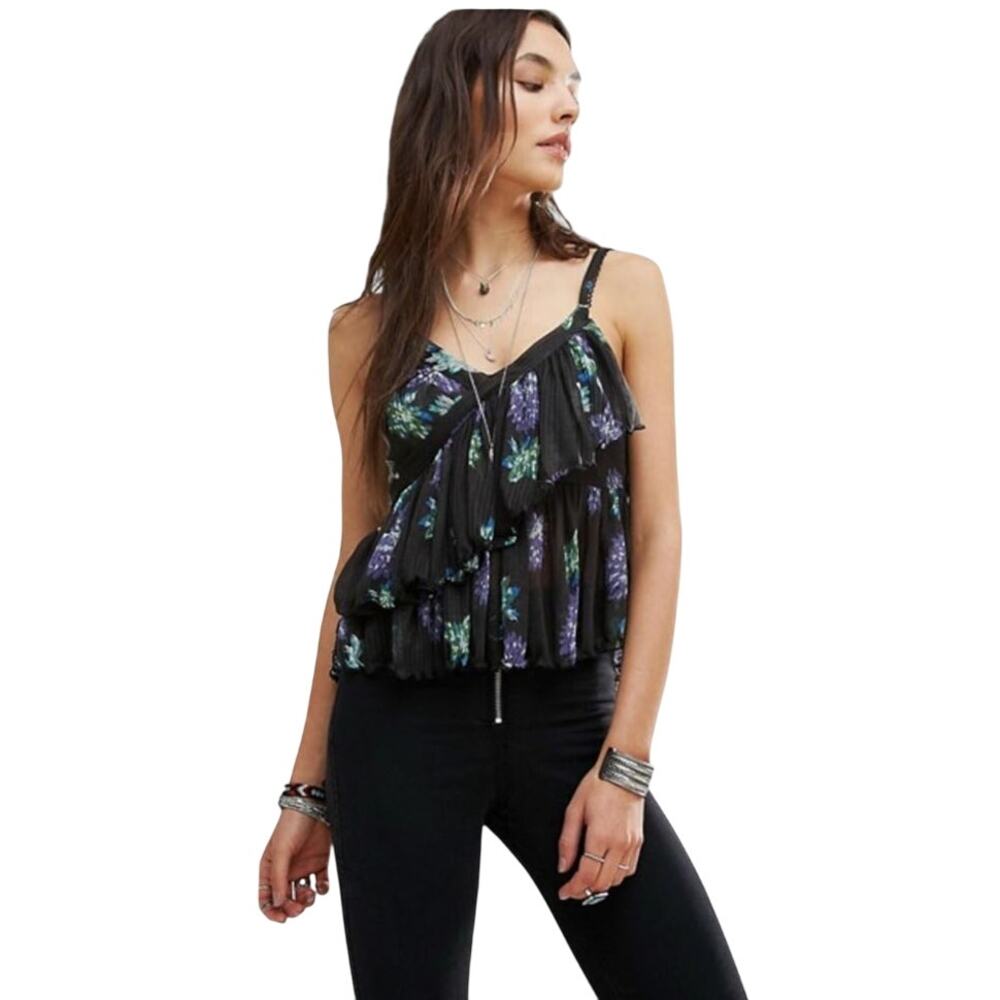 Free People Black Melborne Ruffle Floral Scallop Tank Small Y2K Fairy Whimsigoth
